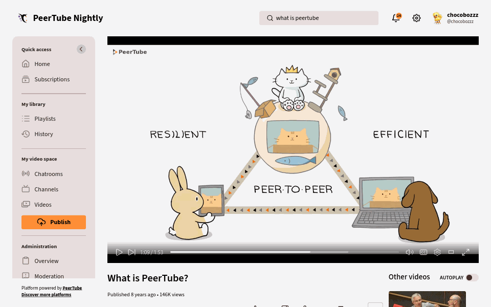 PeerTube 平台的视频浏览界面截图
