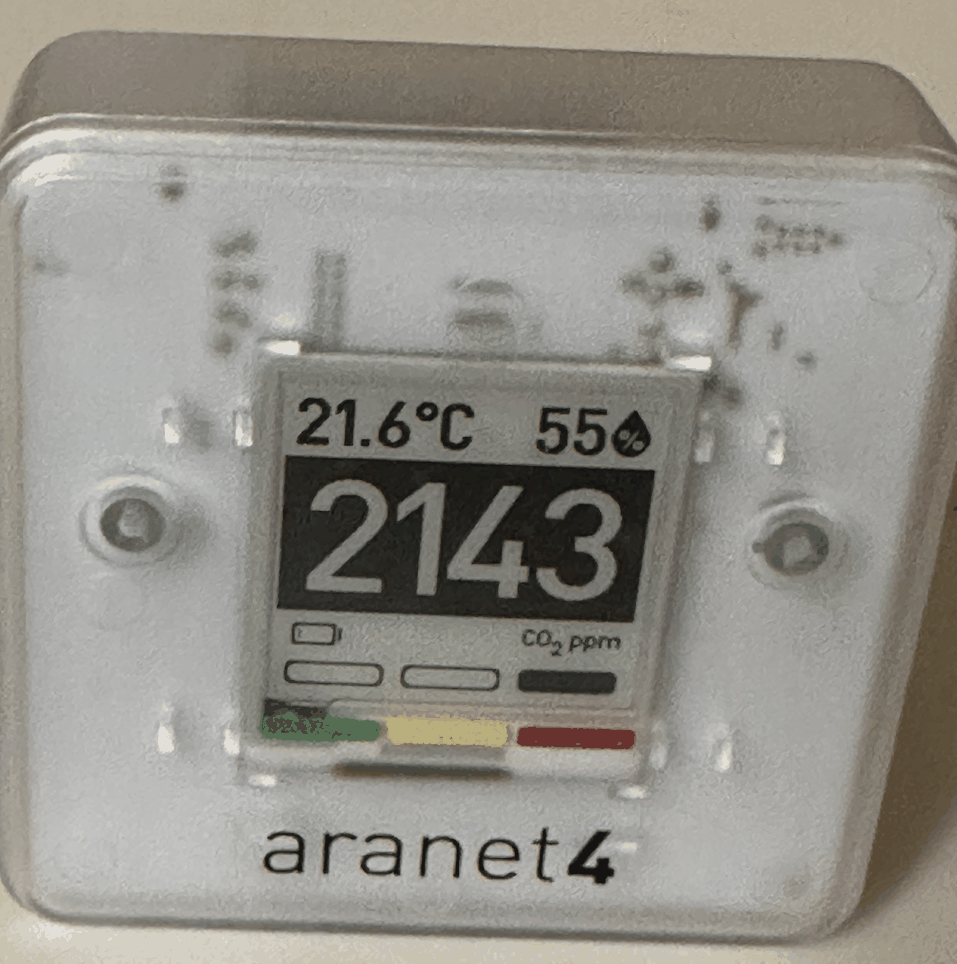 便携式CO₂监测仪在会议室里显示2143 ppm