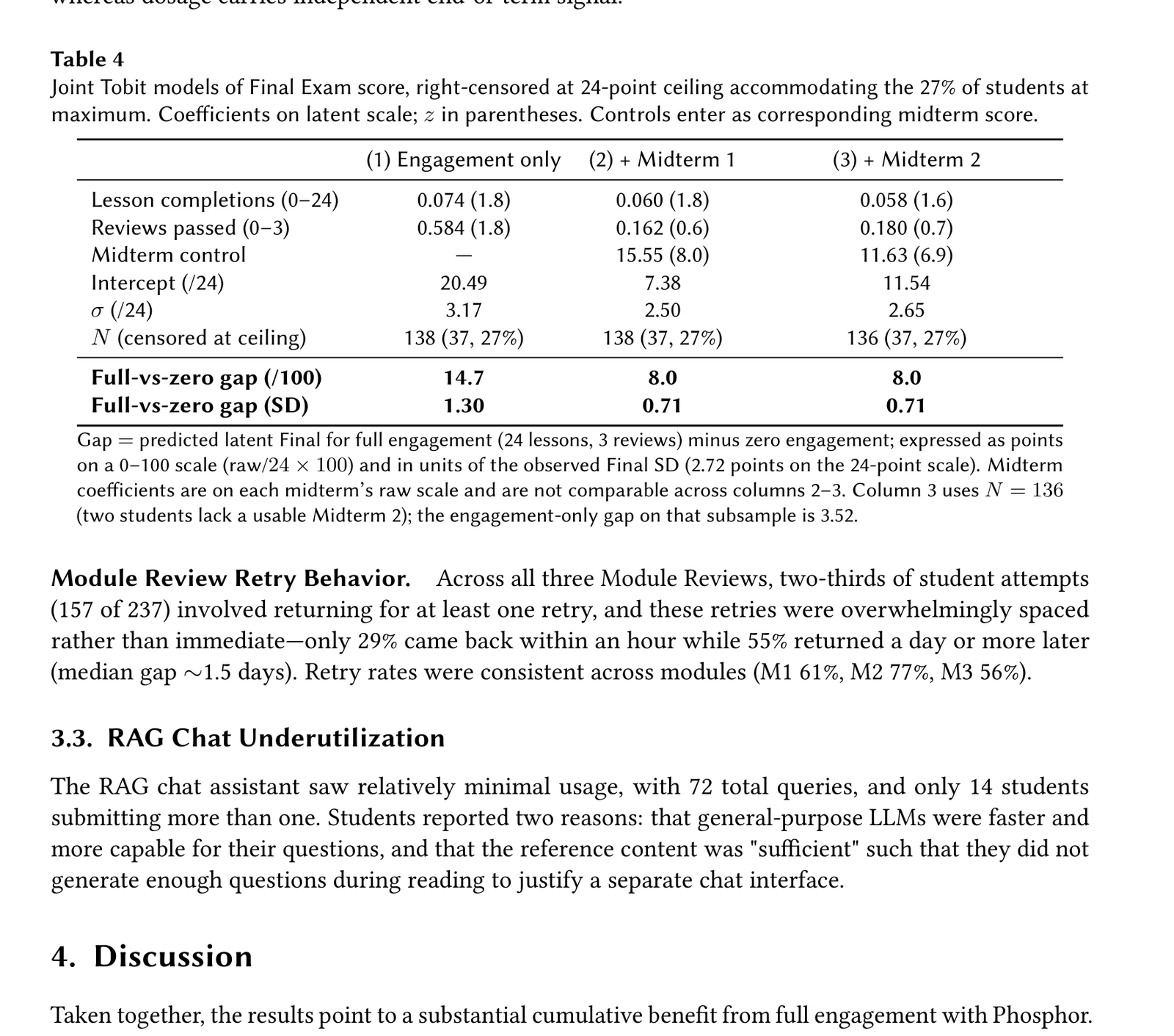 Table 4：Tobit模型联合估计。表格显示"Full-vs-zero gap (SD)"在不同控制条件下的变化——不控制任何变量时为1.30 SD，控制期中成绩后降至0.71 SD。图片来源：Bard, J. (2026) Balancing Efficacy and Engagement in Interactive Texts