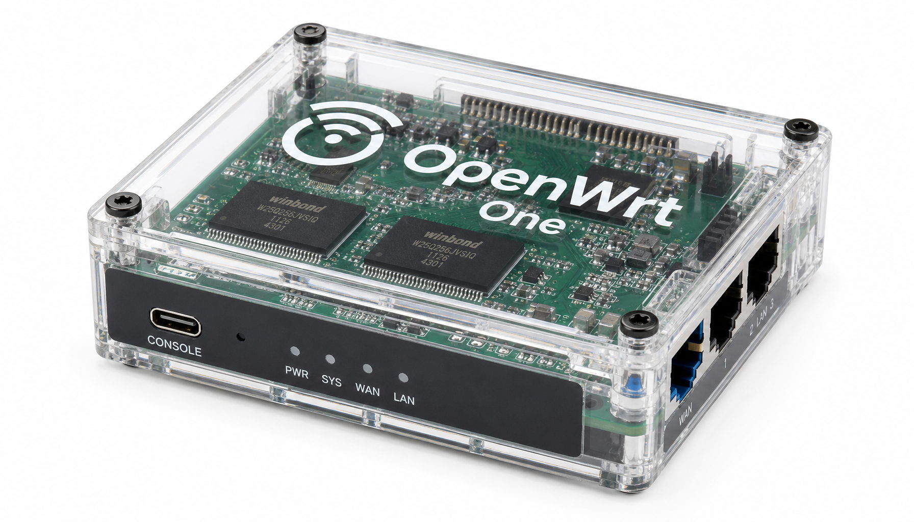 OpenWrt One 路由器外观,透明外壳设计