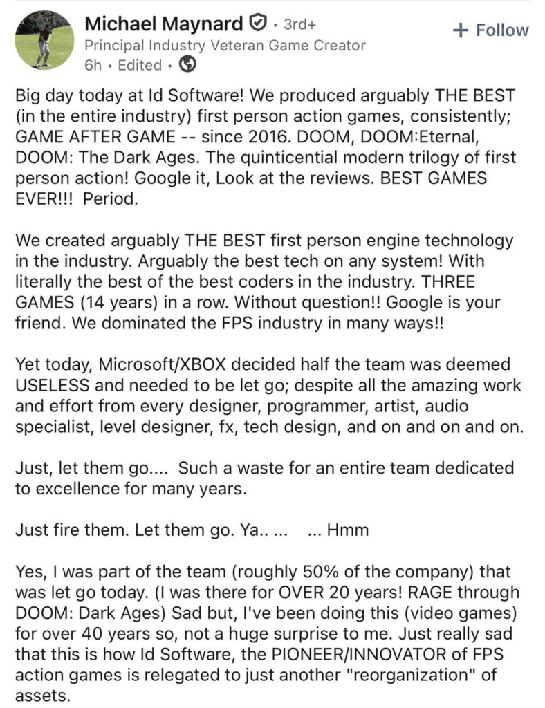 id Software资深员工Michael Maynard在LinkedIn上确认被裁