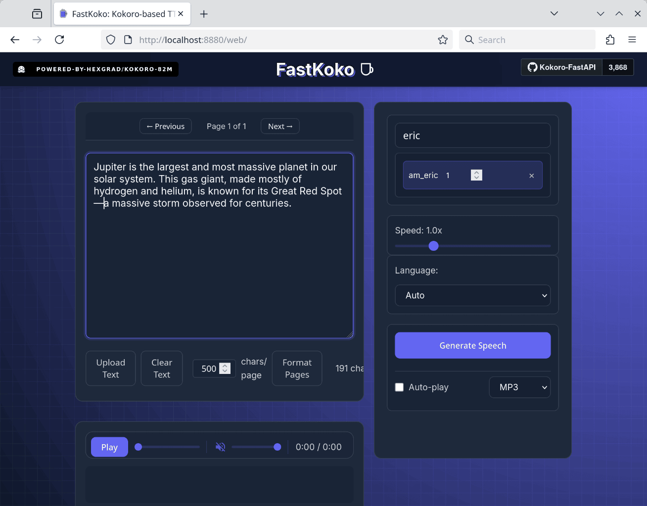 Kokoro 的 Web UI 界面