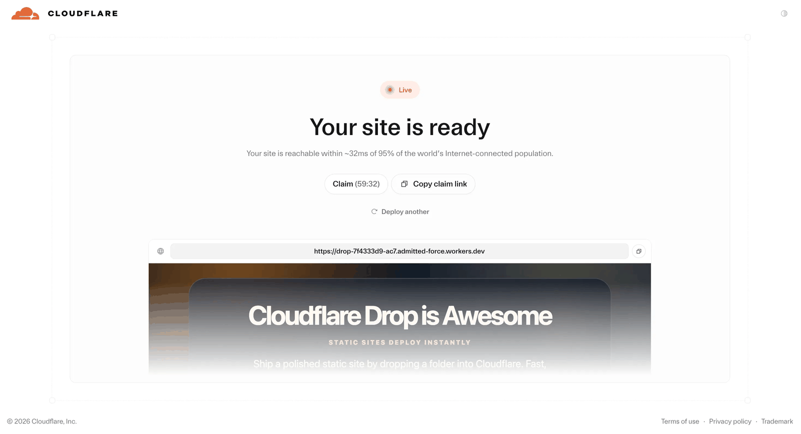 Cloudflare Drop 部署成功界面——显示实时站点预览、60 分钟认领倒计时和操作按钮