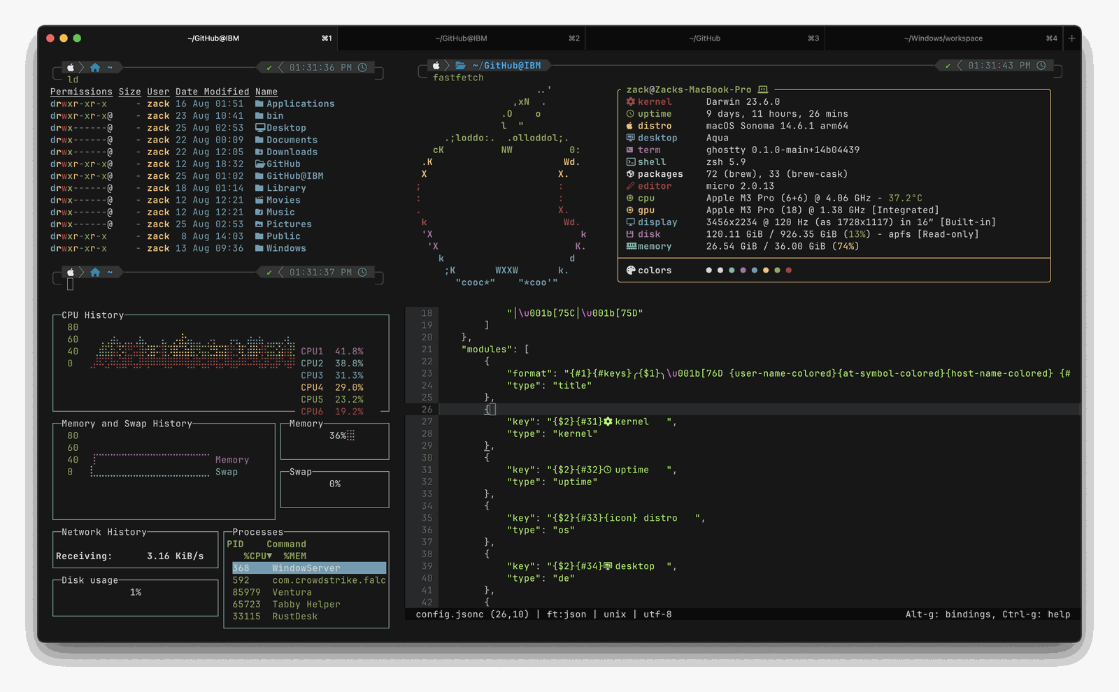 Ghostty 在 macOS 上的截图，展示了平台原生 UI 的 split 和 tab 布局