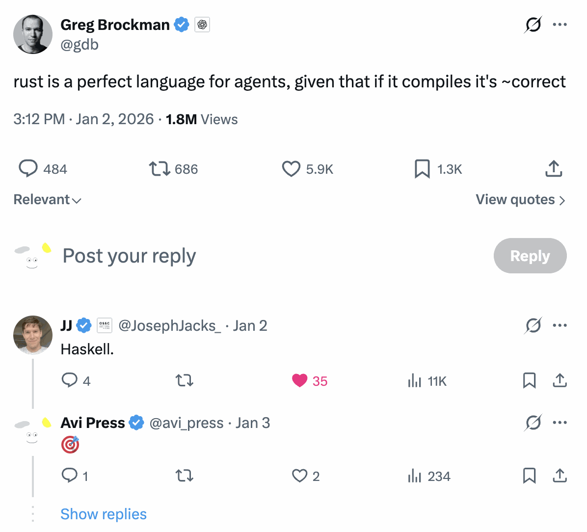 Screenshot of a Greg Brockman tweet about Rust being a perfect language for agents, with replies mentioning Haskell.