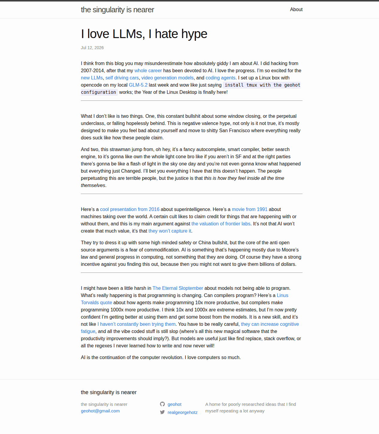 Geohot的博客文章《I love LLMs, I hate hype》