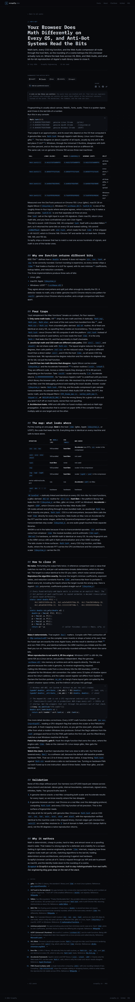Scrapfly 博客截图：Math.tanh 在不同 OS 上的返回值差异