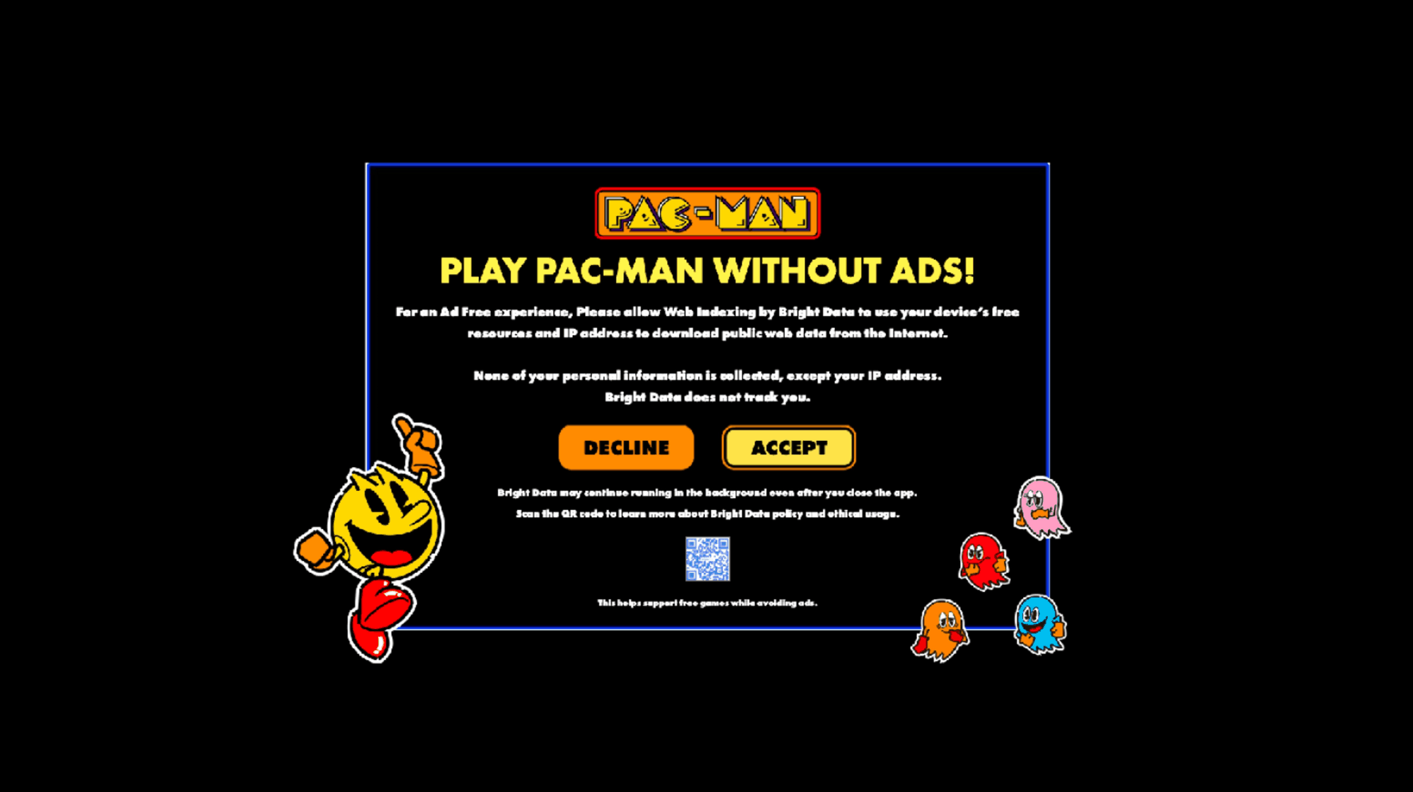 Pac-Man 在三星 Tizen 上的同意界面：看广告或成为代理节点，二选一