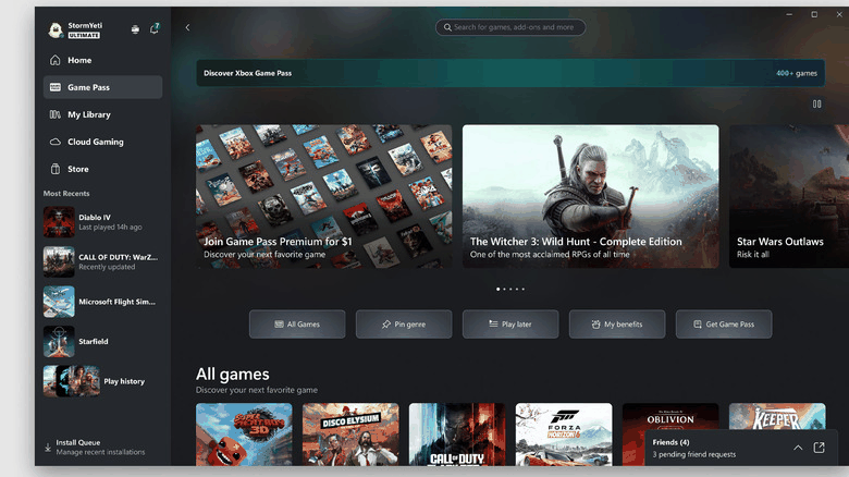 Xbox Game Pass 游戏库界面