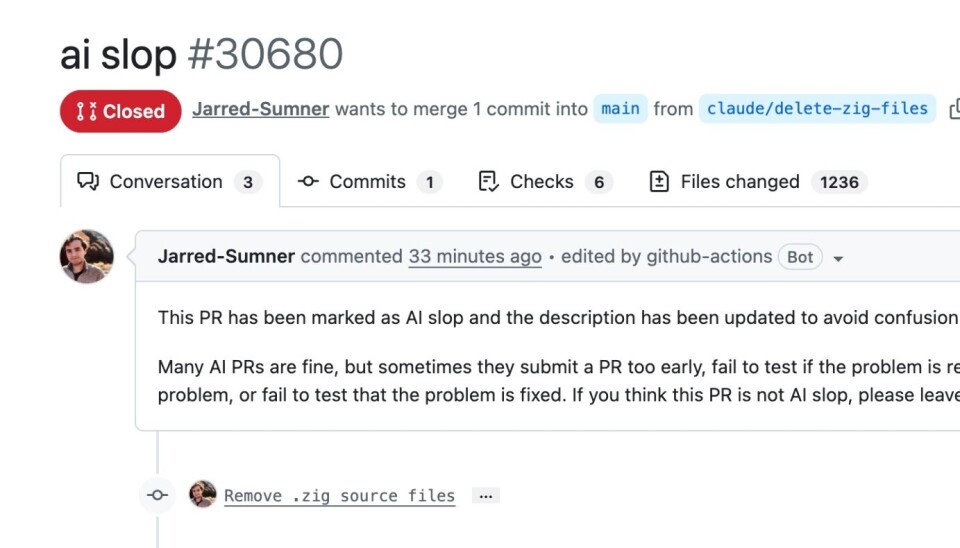 GitHub 自动标记删除 Zig 源码的 PR 为 "AI slop"