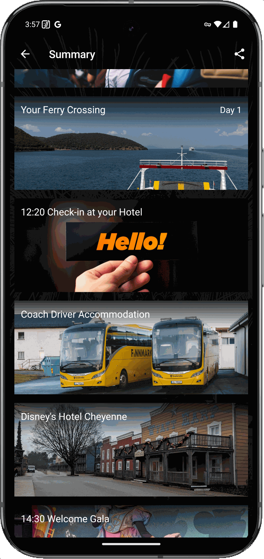 Travelbound App截图：显示轮渡时间、酒店入住、迪士尼行程等信息