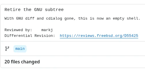 Phoronix 报道截图：FreeBSD 代码树中 GNU 子目录被移除