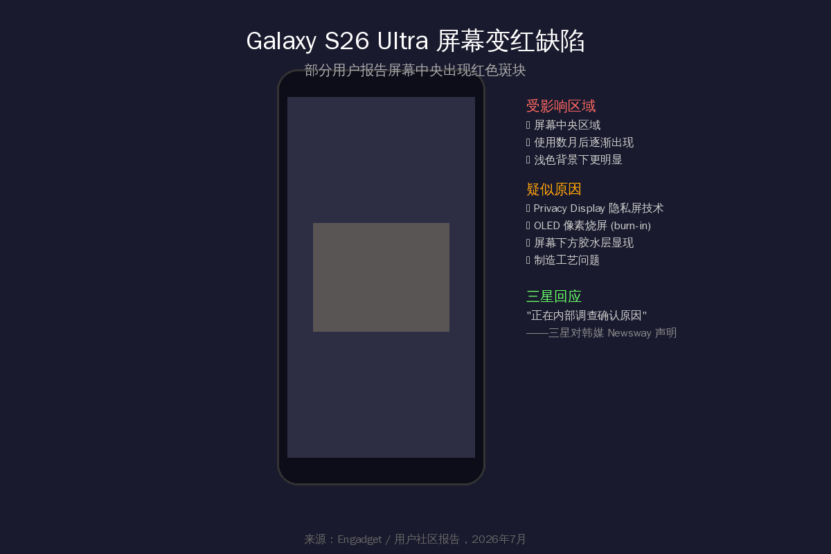 Galaxy S26 Ultra 屏幕变红缺陷概念示意图