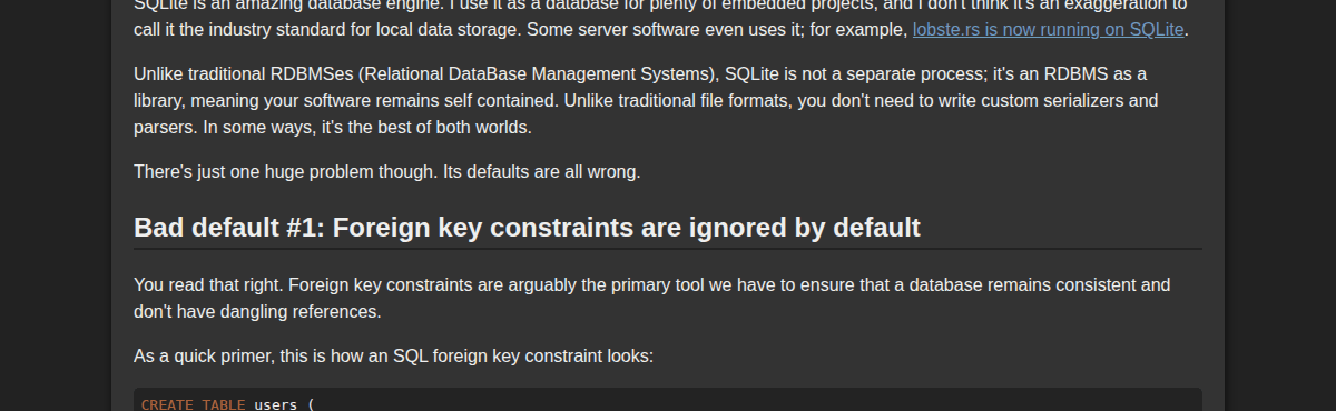 mort 的博客文章页面截图，标题为「SQLite should have (Rust-style) editions」，列出了 SQLite 的四个「糟糕默认值」