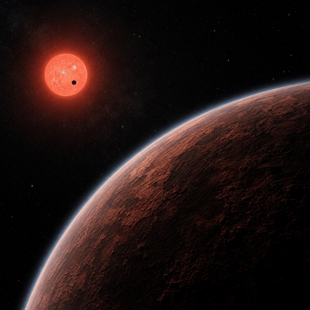 Ilustración artística de LHS 1140b: un gran planeta rocoso rojizo ocupa el primer plano, con un tenue resplandor atmosférico azulado en el borde. Al fondo, una pequeña estrella roja brilla intensamente y otro planeta pasa como una diminuta silueta negra frente a ella.