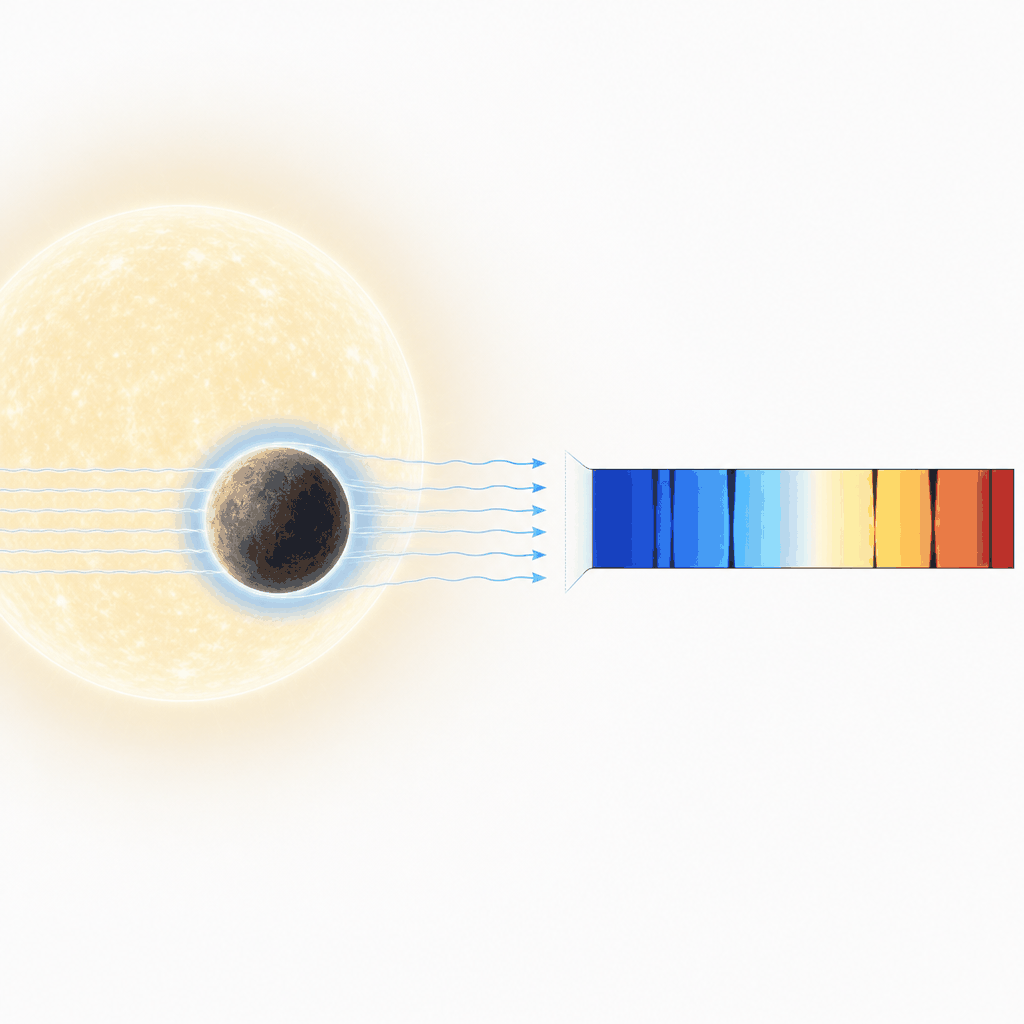 Esquema del método de espectroscopía de tránsito: cuando el planeta pasa frente a la estrella, la luz atraviesa su atmósfera y longitudes concretas son absorbidas por los átomos y moléculas, dejando líneas de absorción características en el espectro. Analizándolas, los astrónomos deducen la composición.