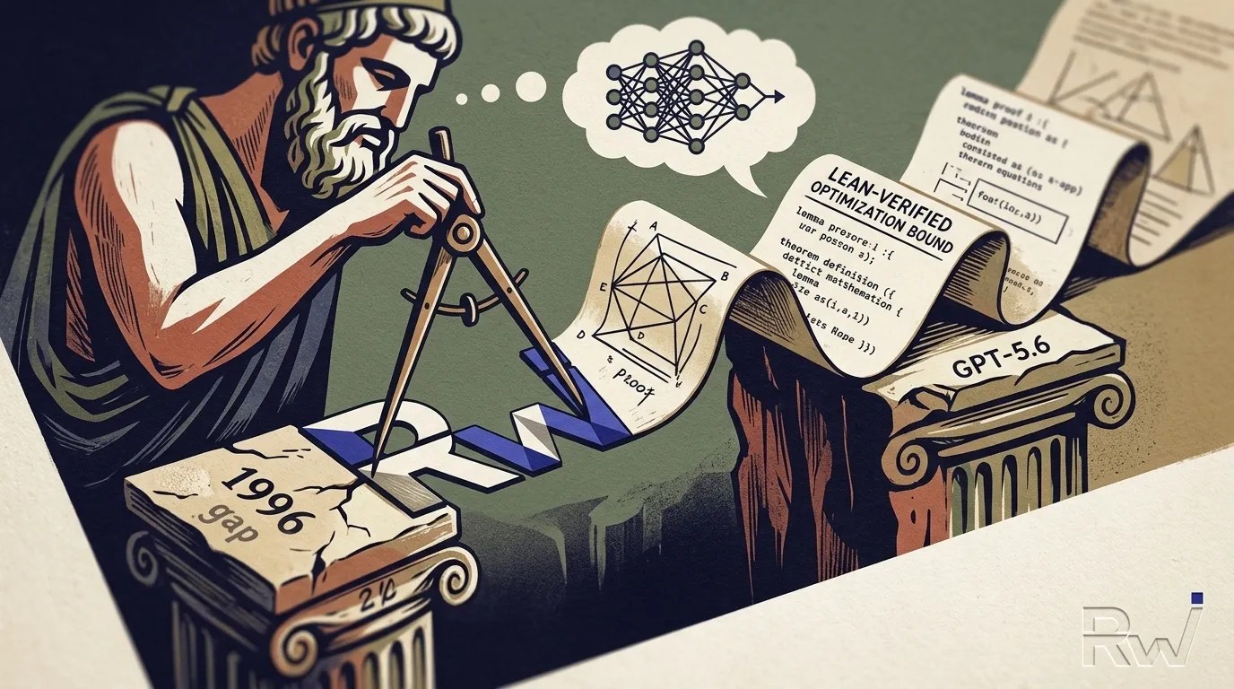 Ilustración generada por IA del flujo de demostración matemática de GPT-5.6