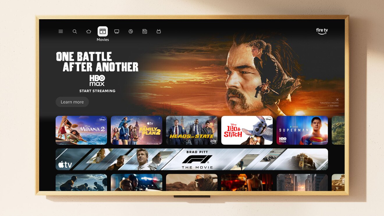 Fire TV 新版 UI 的电影浏览界面，展示了经过重新设计的视觉效果与排版