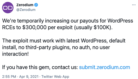 Anuncio de Zerodium de 2021 ofreciendo hasta 300.000 dólares por exploits de WordPress