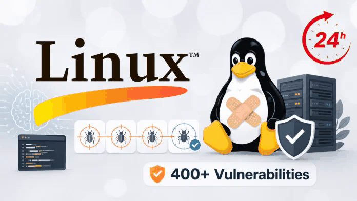 Linux 内核 CVE 密集发布的新闻配图:安全告警风格的示意图
