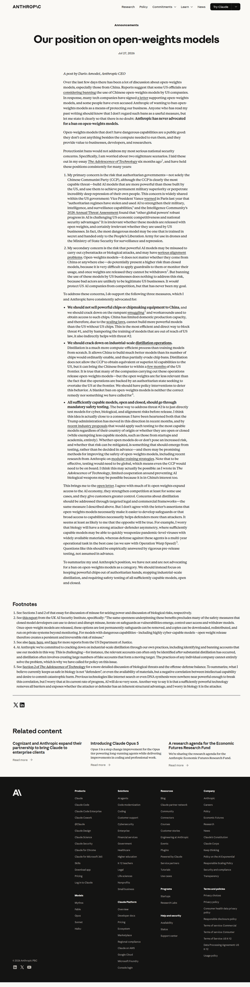 Anthropic 官网文章截图：我们的开源权重模型立场