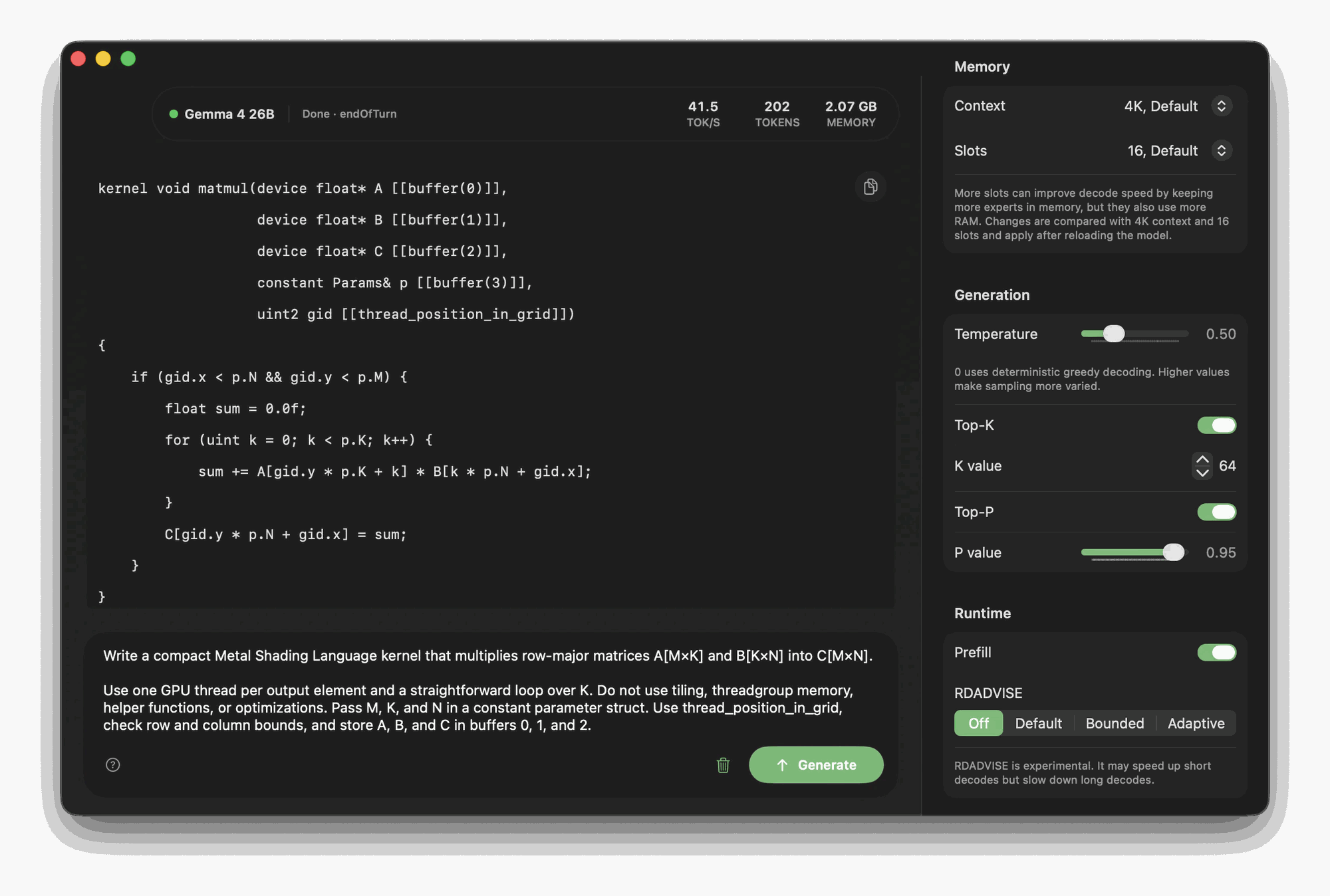 TurboFieldfare Mac 应用界面截图——正在运行 Gemma 4 模型生成文本