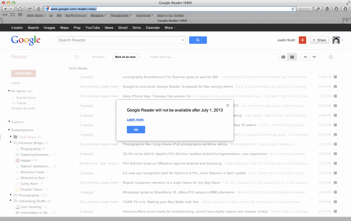 Google Reader 的关停通知弹窗