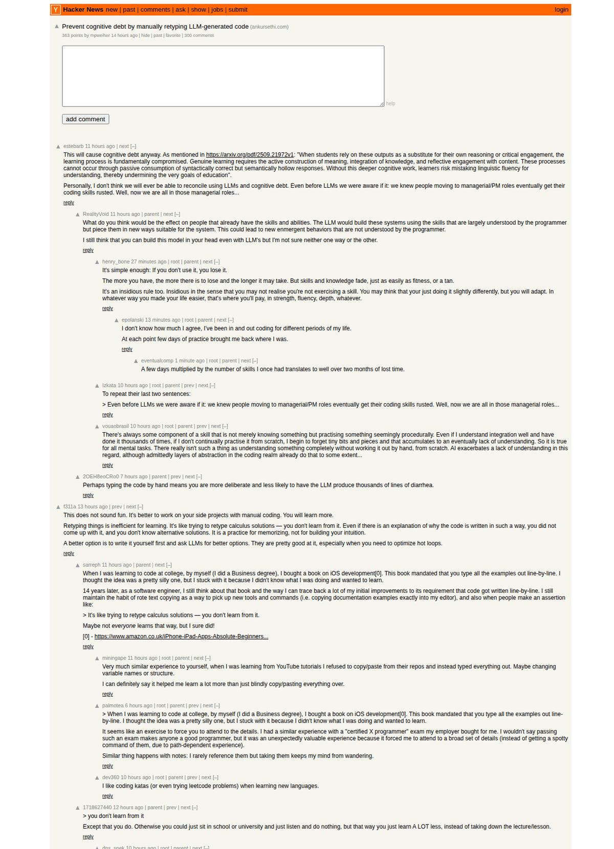 Hacker News 讨论页顶部：363 分、300 条评论的争论现场