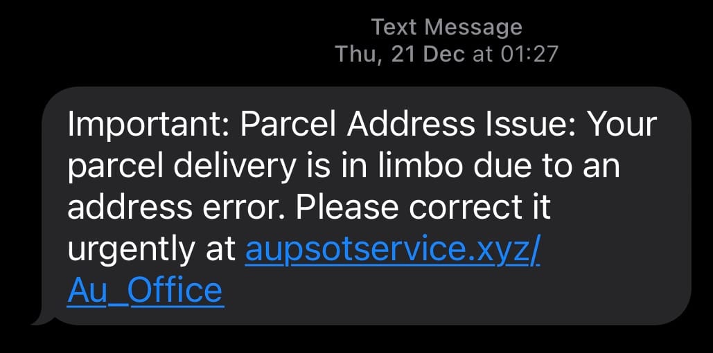 Exemple de SMS de hameçonnage envoyé par des escrocs, avec un lien vers aupsotservice.xyz