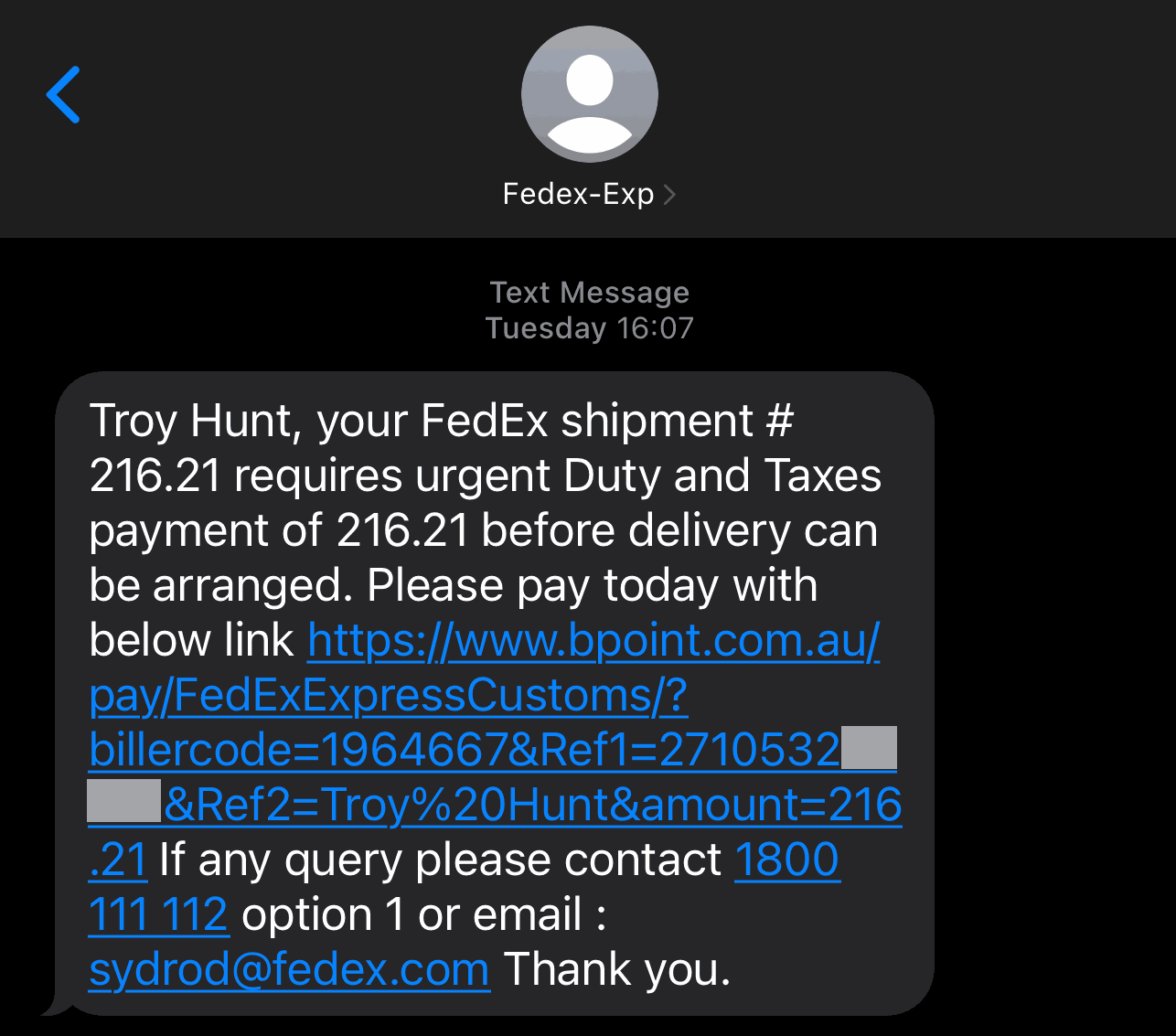 Capture du SMS officiel envoyé à Troy Hunt par FedEx, l'expéditeur indiquant Fedex-Exp