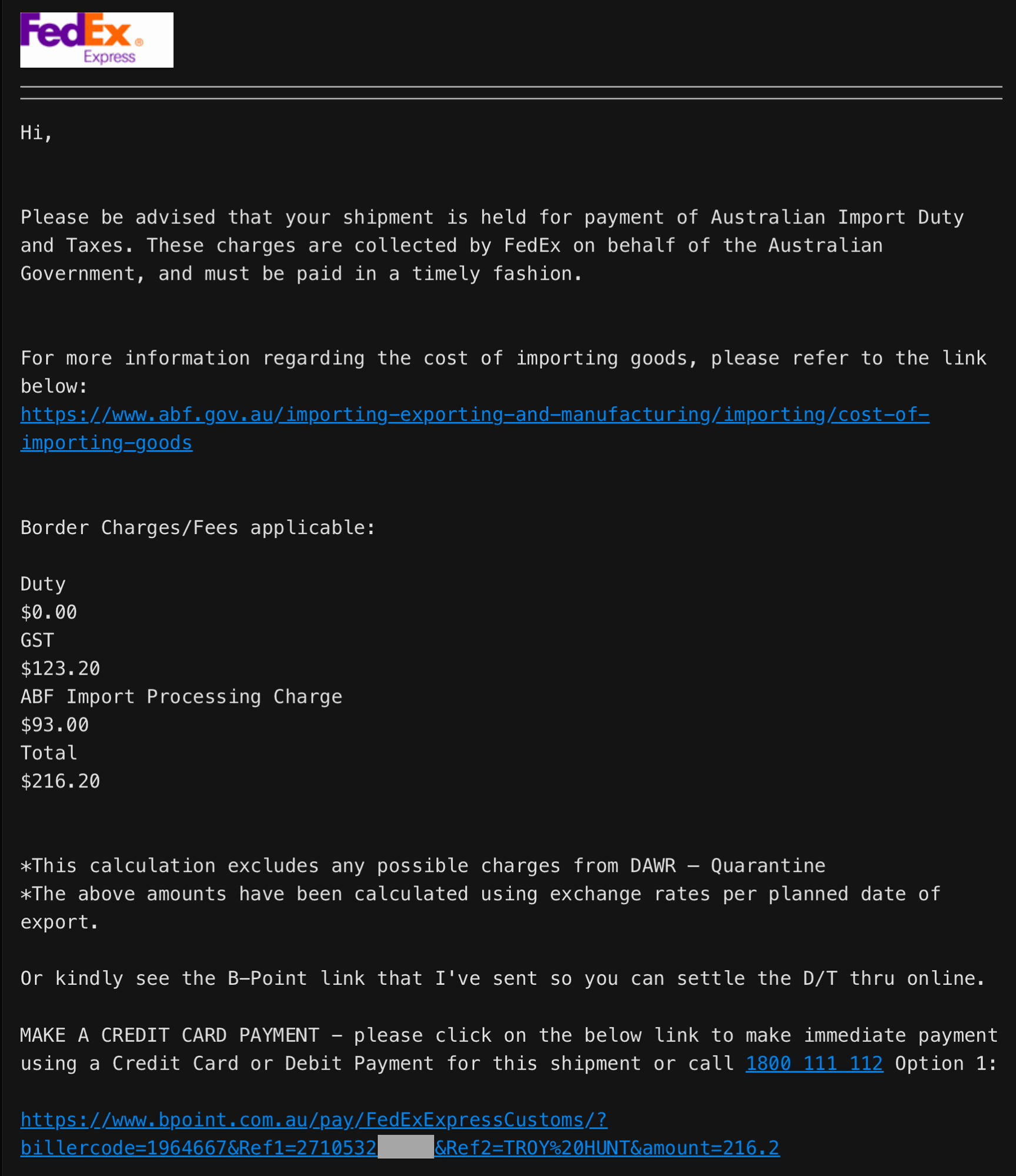 Capture du texte de l'e-mail officiel de FedEx