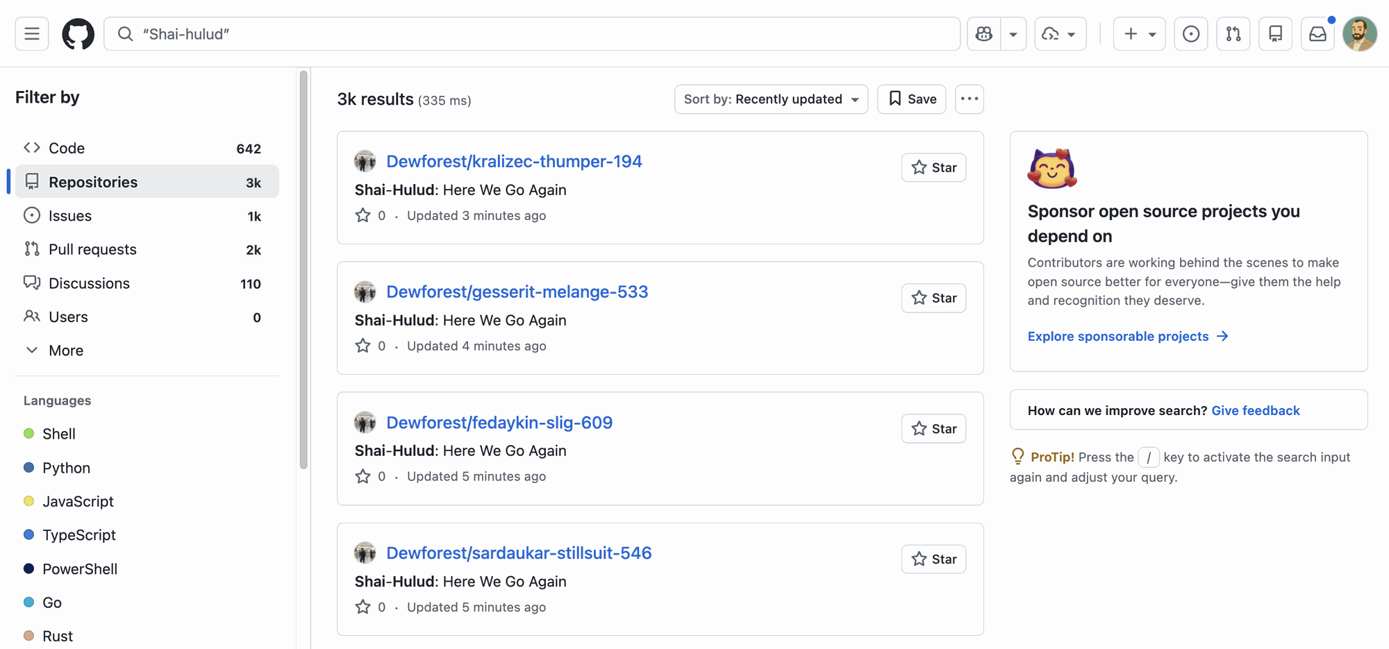 GitHub 搜索 Shai-Hulud 的结果