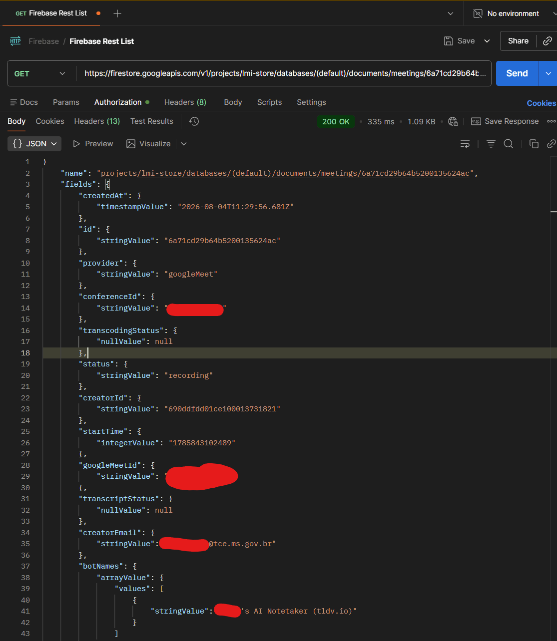 List of meeting records pulled from tl;dv cloud database: showing meeting owner, platform, and live recording status