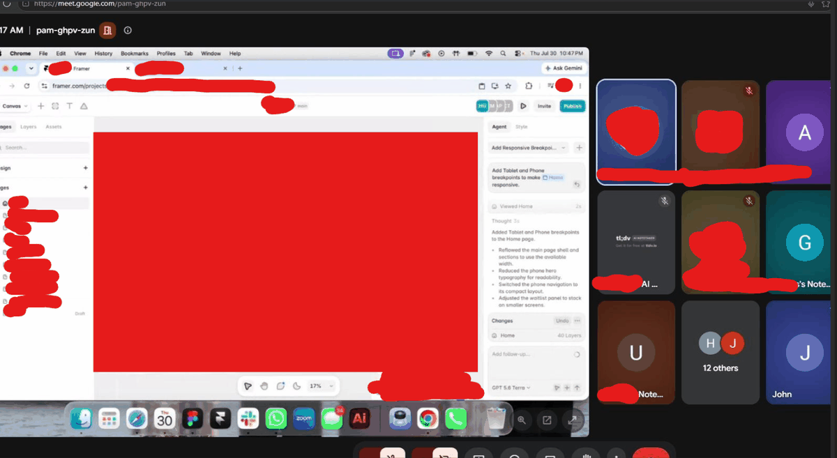 Another accessed meeting: US university student startup team sharing screens featuring code and prototypes