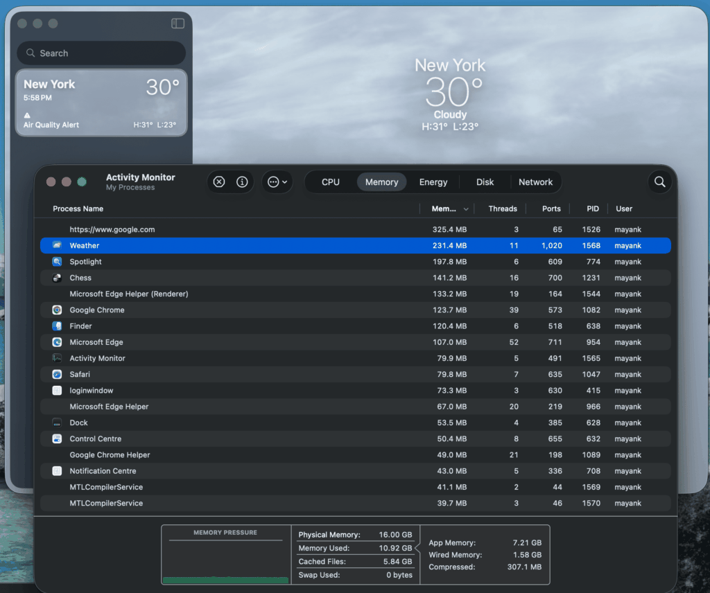 macOS Weather app RAM comparison