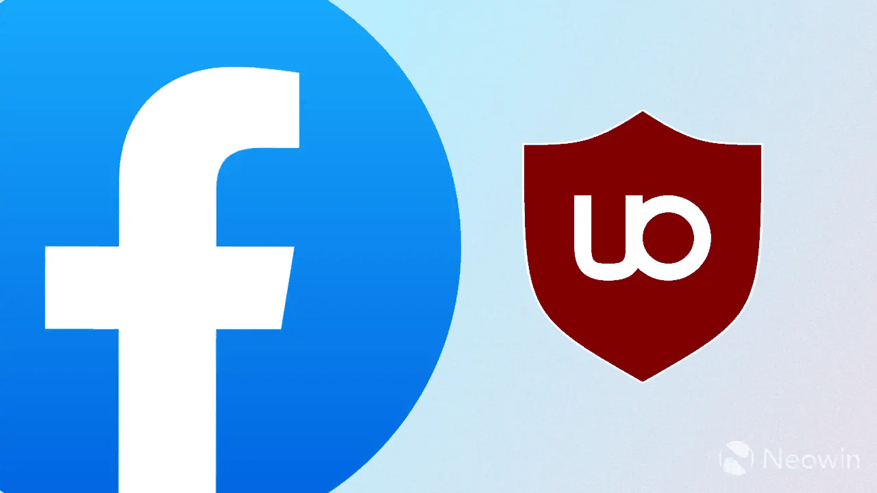 Facebook 蓝 f 与 uBlock Origin 盾牌 logo 合成主图