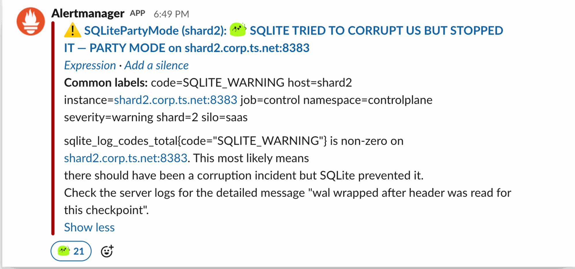 预警截图：SQLite 试图在 party mode 下制造数据损坏，但被系统拦住了