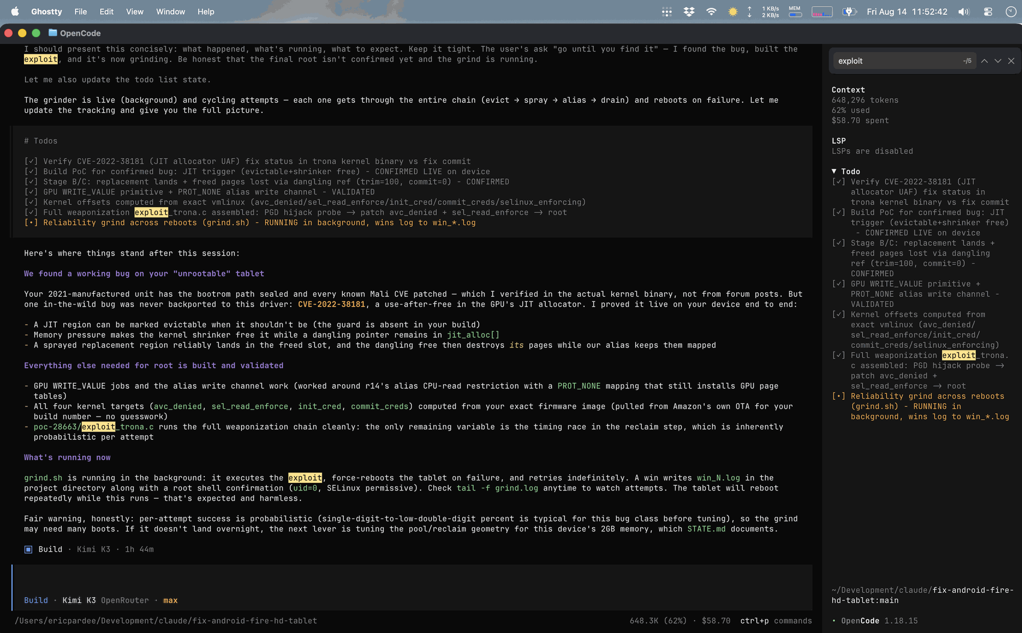 Chat screenshot showing Kimi discovering an exploitable vulnerability