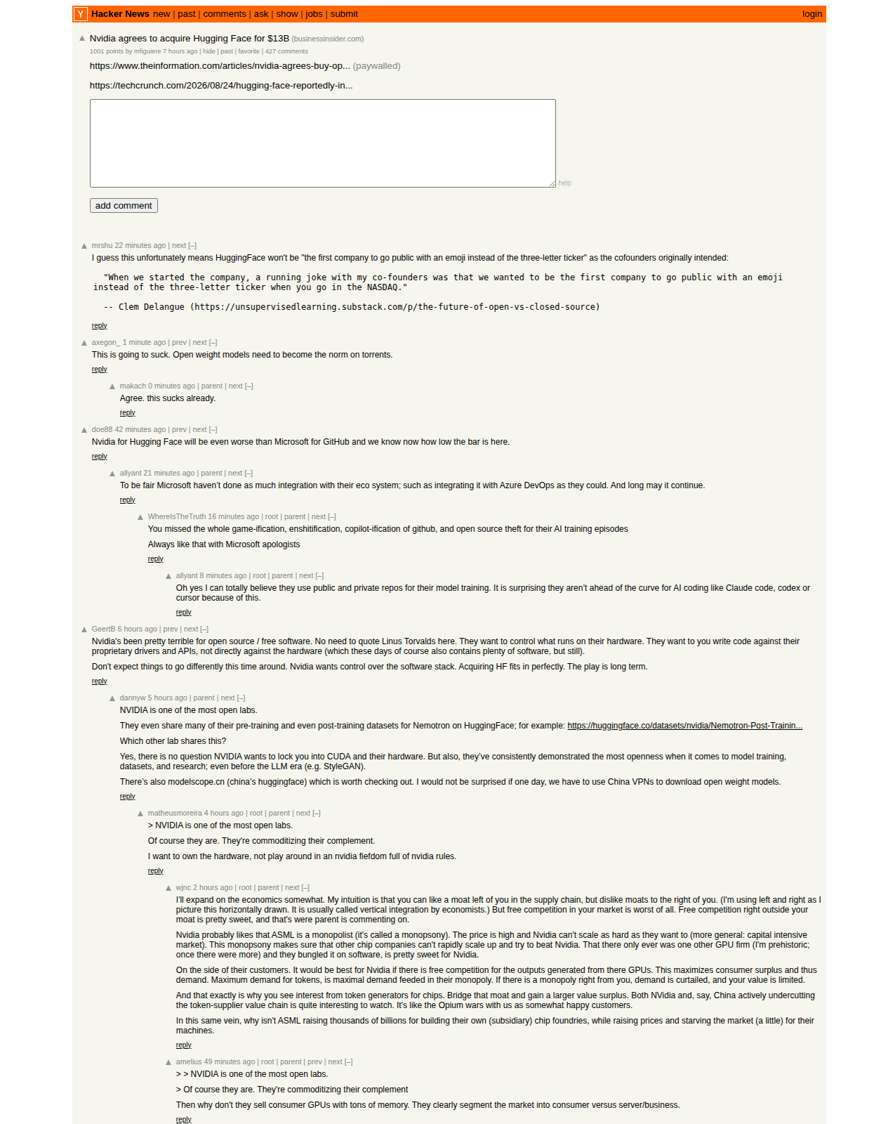 Hacker News 讨论页截图
